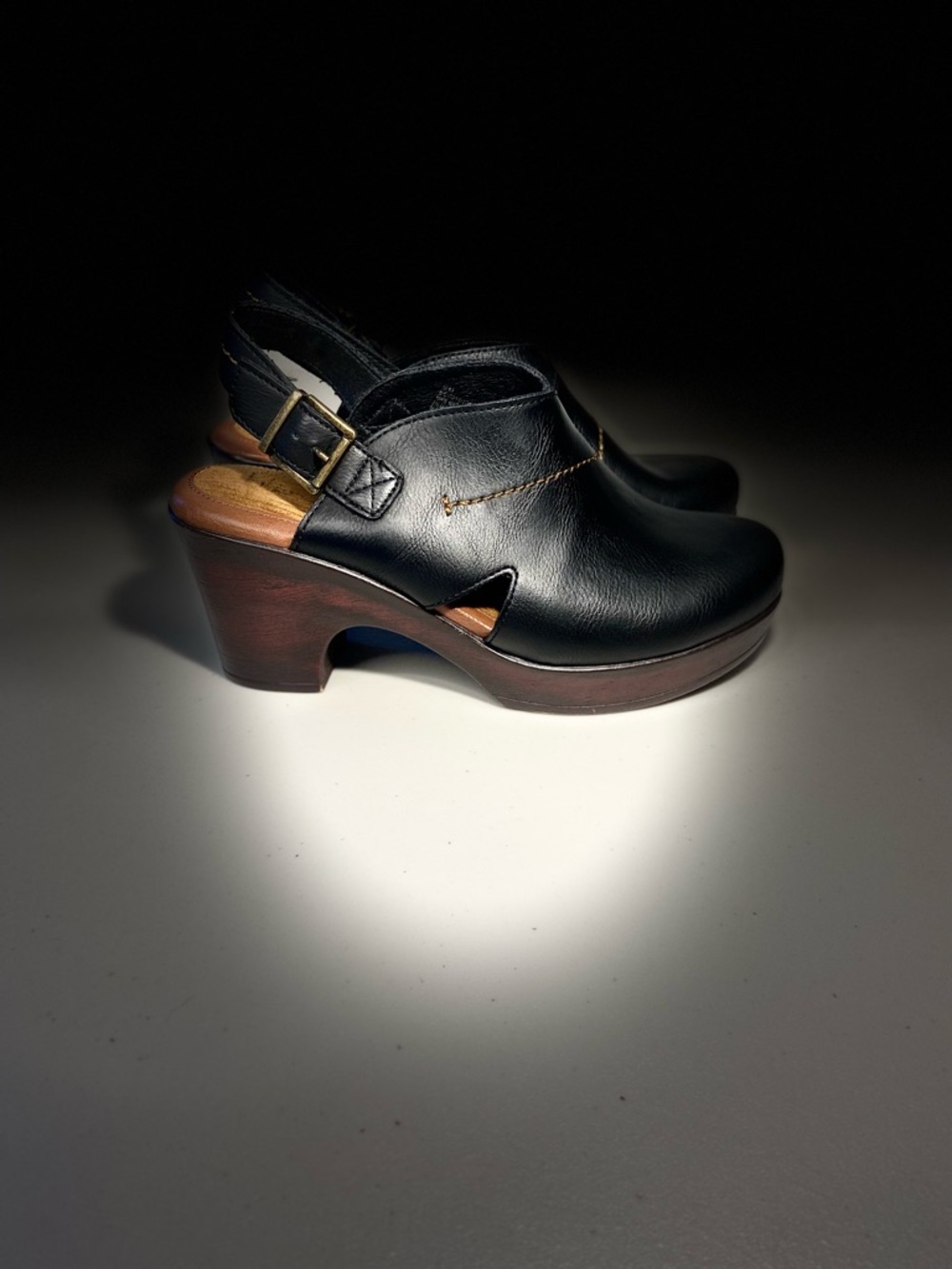 b.o.c. Black Leather Slingback Clogs with Wood-Tone Heel - Picture 3 of 13